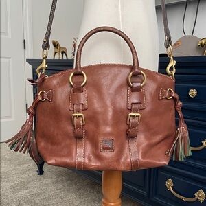 Dooney & Bourke Dark Brown Leather Florentine Satchel with Tassel Accent
